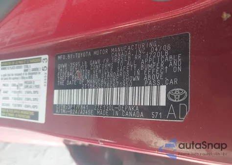 2006 Toyota Corolla Le z USA, uszkodzony, nr VIN 2T1BR32E76C671950